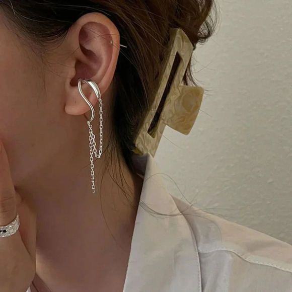 925 Sterling Silver Earring Cuffs Tassel Drop Ear Cuff No Pierce Earrings - Picture 5 of 6